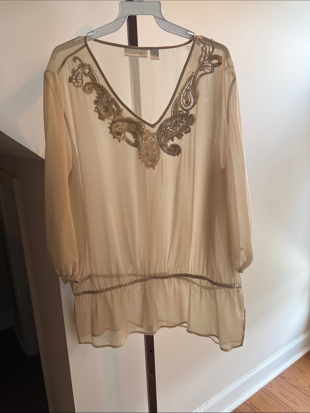 Chico's Beige Sheer Embellished V-Neck Tunic